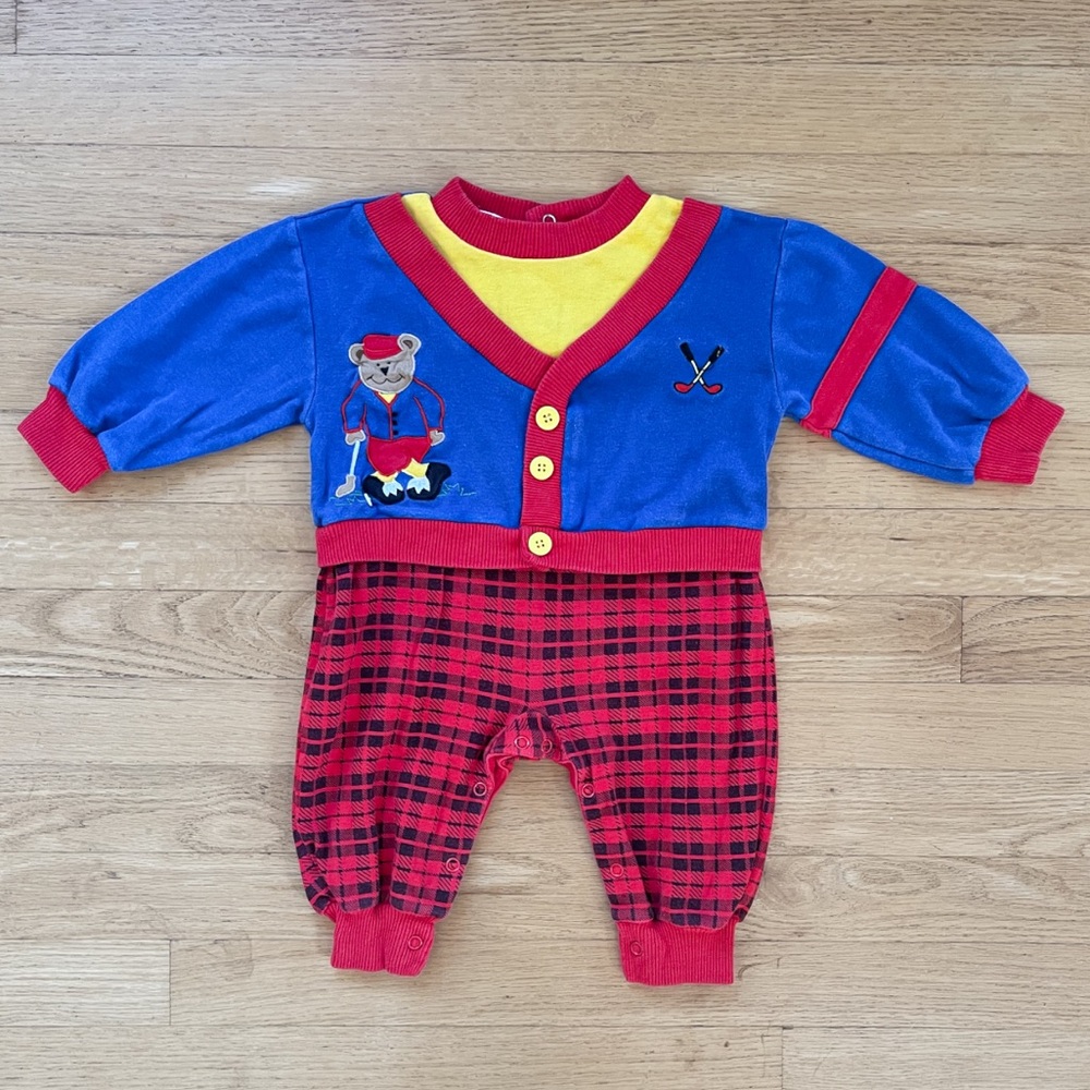 VINTAGE 80s LE TOP VGUC Colorblock Plaid Embroidered Appliqué Golf Romper